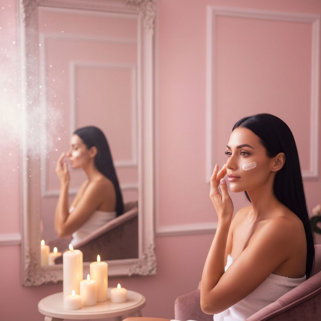 Ритуален уход - жена прилага крем на лицето си в спокойната светлина на деня